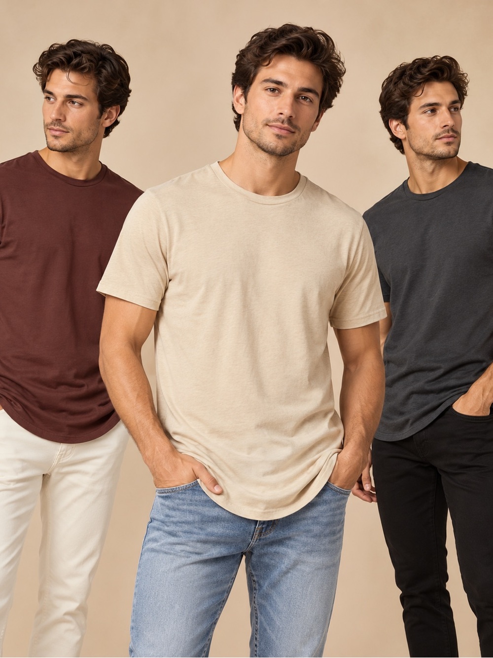Manfinity Men’s 3 Piece Essential Curved Hem T-Shirt Bundle Size Large Neutral